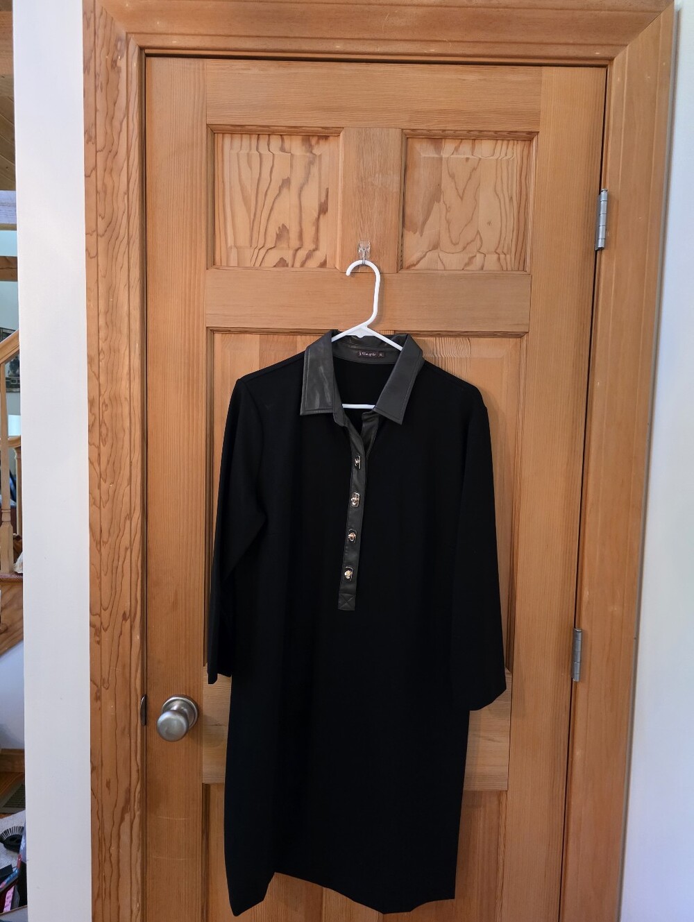 Black Long-Sleeve Dress with Faux Leather Collar